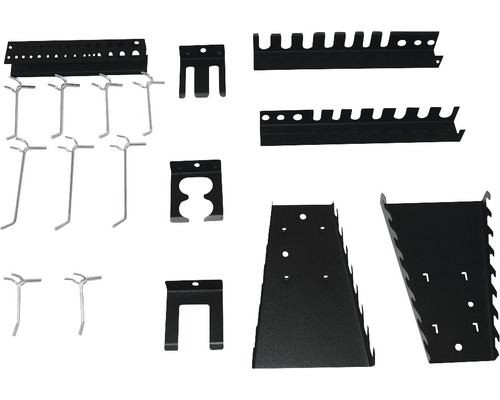 Set cârlige și suport unelte pentru panou perforat, 17 piese, pentru cod 8910137-0