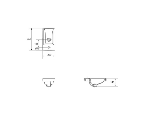 Desen tehnic al unei chiuvete de toaletă cu dimensiuni