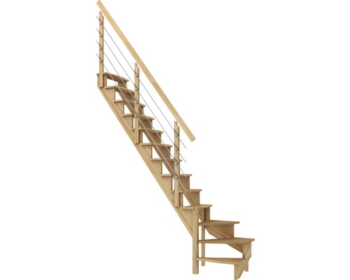 Scară laterală de interior Pertura Filia cu balustradă 13 pași fag netratat Scară din lemn cu balustradă şi cabluri din oţel inoxidabil