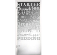 Ușă de sticlă cu diverse nume de alimente, inclusiv aperitiv, brunch, prânz, cină și desert