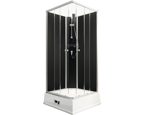 Cabină de duș completă cu perete posterior negru și baterie de duș
