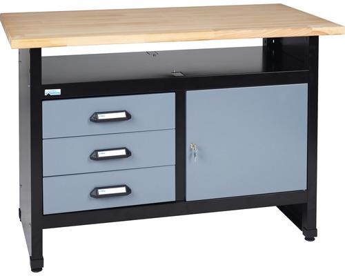 Banc de lucru Küpper 1200mm, cu 1 ușă și 3 sertare, grosime blat de lemn 3cm Banc de lucru cu trei sertare, o ușă și blat din lemn