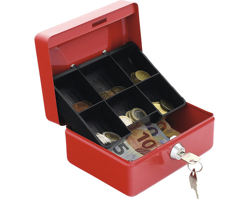 Cutie de bani roșie deschisă cu monede și bancnote