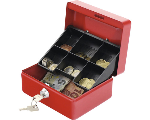 Caseta de bani roșie deschisă cu inserție pentru bani și cheie