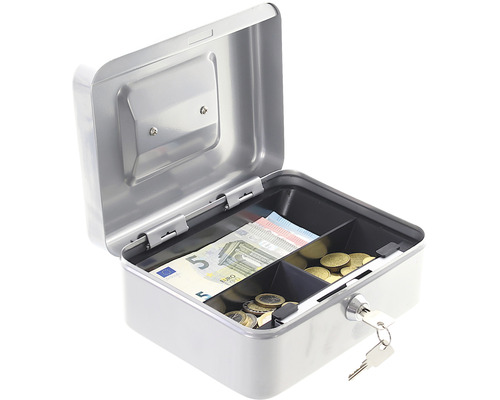 Cutie metalică deschisă pentru numerar cu bancnote euro și monede