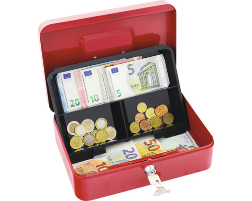 Seif roșu deschis cu bancnote euro și monede