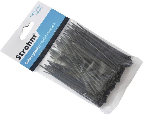 Colier plastic/șoricei prindere Strohm 2,5x100 mm, pachet 100 bucăți, negru Pachet de legături de cablu din plastic negru, 100 de bucăți