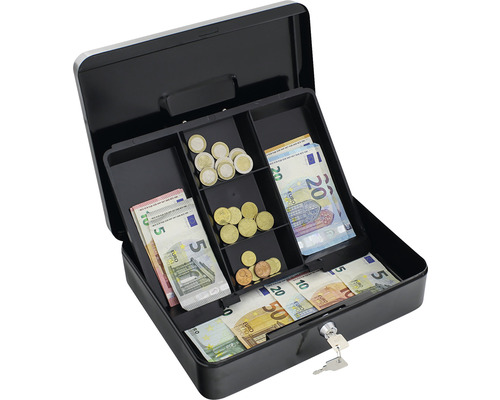Cutie de bani din oțel deschisă cu bancnote euro și monede