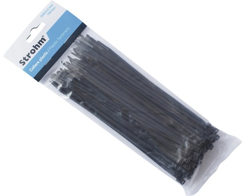 Colier plastic/șoricei prindere Strohm 3,6x200 mm, pachet 100 bucăți, negru Pachet de coliere de plastic, 200x3,6 milimetri, 100 bucăți