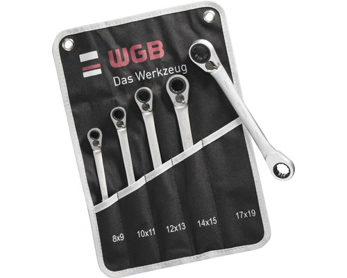 Set chei inelare duble cu clichet reversibil WGB 8-19 mm, 5 piese, crom-vanadiu Set chei inelare cu clichet WGB cu dimensiunile 8x9, 10x11, 12x13, 14x15 și 17x19 într-o geantă de scule