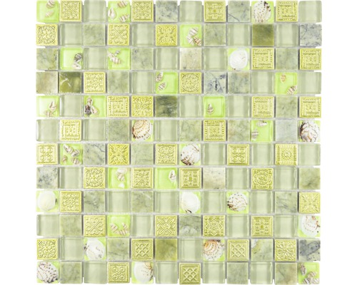 Mozaic sticlă-piatră naturală-scoică XCM CN24 verde 30x30 cm Placă de mozaic cu elemente de sticlă, piatră naturală și scoici pentru pereți și design interior