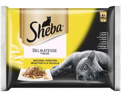 Hrană umedă pentru pisici Sheba Pouch mix pui 4x85 g Pachet hrană pentru pisici Sheba Delikatesse în jeleu, sortiment de carne de pasăre