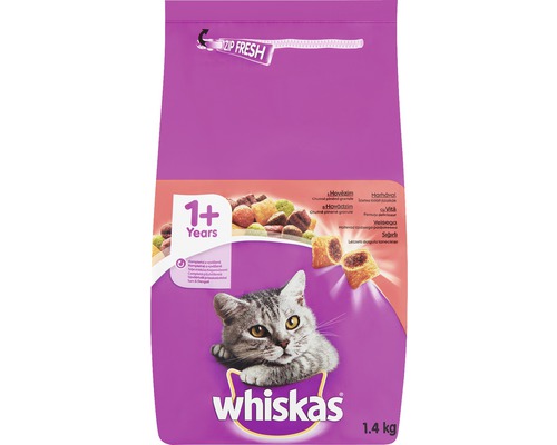 Hrană uscată pentru pisici Whiskas uscat vită 1,4 kg Hrană pentru pisici Whiskas pentru pisici de la un an, pachet de 1,4 kilograme