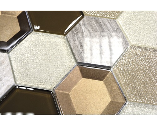 Plăci mozaic hexagonale din sticlă și piatră naturală