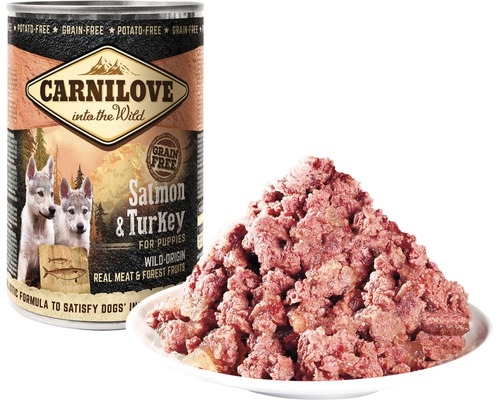 Conserva și farfurie cu hrană pentru căței Carnilove cu somon și curcan