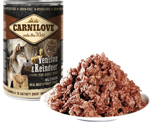 Conservă de hrană pentru câini Carnilove cu vânat și ren și castron cu hrană