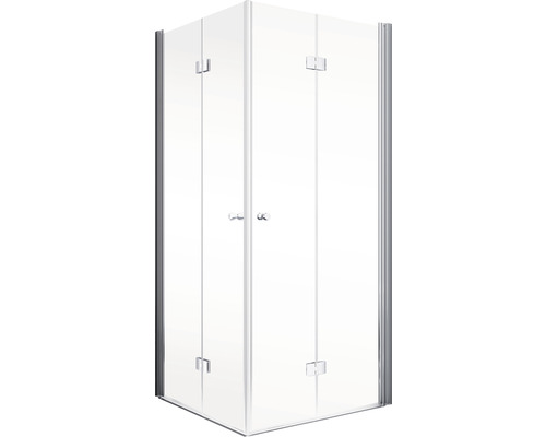 Cabină de duș pe colț cu uși din sticlă transparentă și cadru