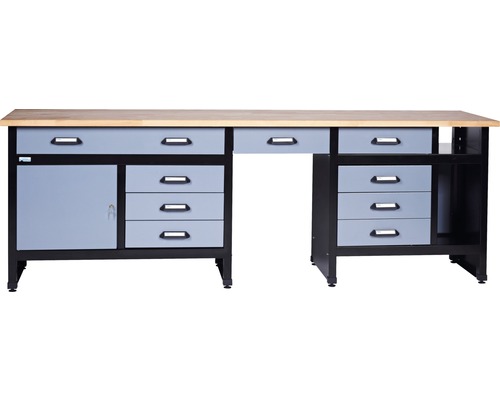 Banc de lucru Küpper 2400mm, cu 1 ușă și 9 sertare, grosime blat de lemn 3cm Banc de lucru cu sertare și dulap