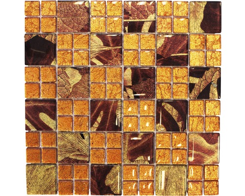 Mozaic sticlă XCM 8SRO portocaliu 30x30 cm Placă de mozaic cu motiv de frunză