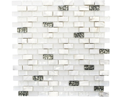 Mozaic sticlă-piatră naturală XCM B01S mix alb 30x28,5 cm Placă de mozaic cu sidef și elemente de sticlă