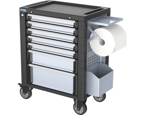 Cărucior de atelier cu șapte sertare, suport pentru rolă de hârtie și coș de gunoi