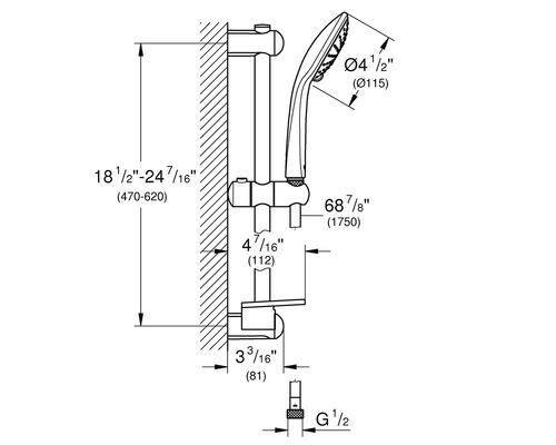 Desen tehnic cu dimensiuni pentru un set de duș cu duș de mână și bară de duș