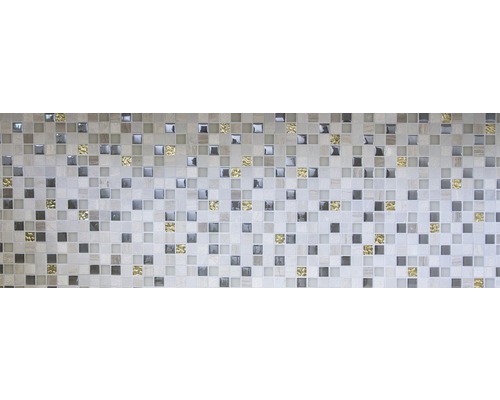 Placă de mozaic cu elemente pătrate în diferite nuanțe de gri și accente aurii