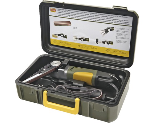 Șlefuitor cu bandă într-o cutie de scule verde cu mâner galben.