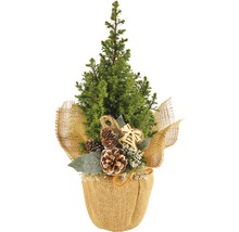 Brad decorativ de Crăciun într-un sac de iută cu conuri și clopoțel