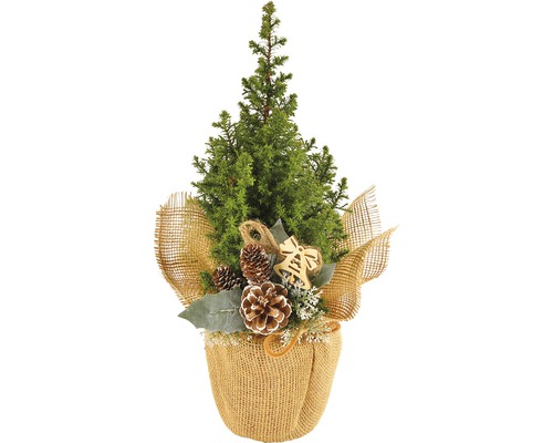 Brad decorativ de Crăciun într-un sac de iută cu conuri și clopoțel
