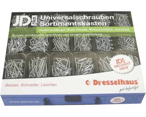 Set șuruburi pentru lemn cu cap bombat cruce Dresselhaus JD-Plus oțel zincat, 700 piese