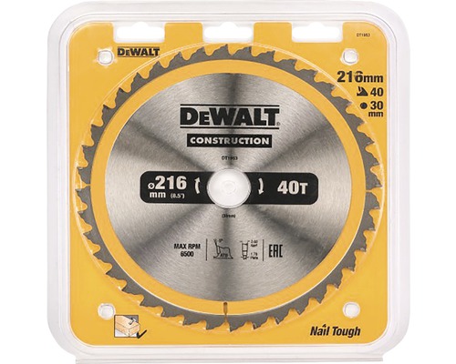 Disc de ferăstrău circular DeWalt cu diametrul de 216 milimetri în ambalaj