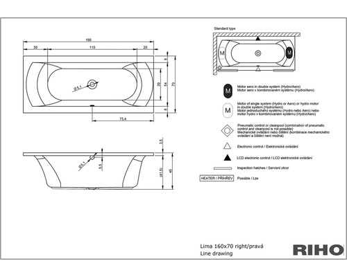 Desen tehnic cadă Lima 160x70 cu dimensiuni