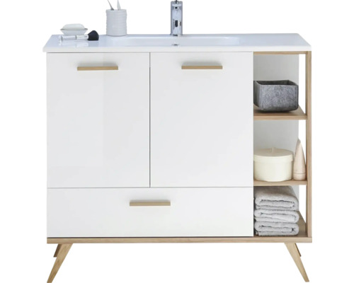 Bază lavoar baie pelipal Noventa, 2 uși rotative 1 sertar, MDF, 100,5 cm, alb lucios/stejar Bază lavoar baie pelipal Noventa, 2 uși rotative 1 sertar, MDF, 100,5 cm, alb lucios/stejar