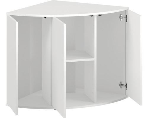 Dulap de colț alb cu uși deschise și rafturi