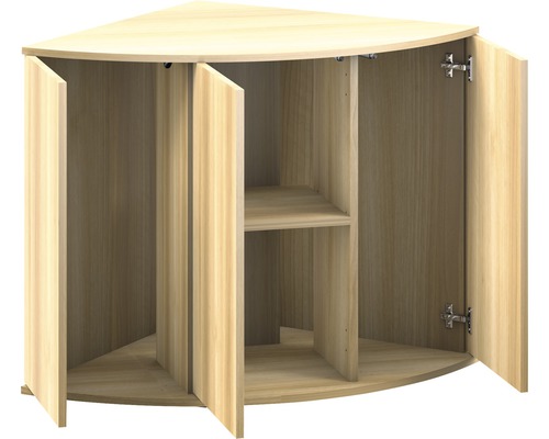 Dulap de colț cu uși deschise și rafturi interne