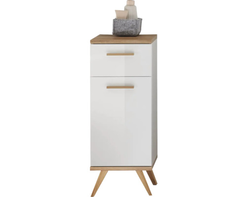 Dulap baie pe sol 30x89,5 cm MDF alb pelipal Noventa 1 ușă batantă 1 sertar Dulap de baie alb cu două sertare și detalii din lemn