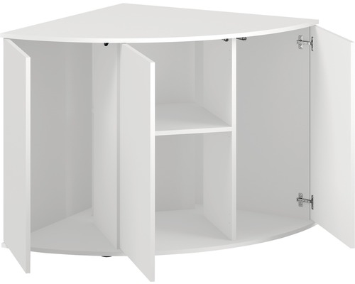 Dulap de colț alb cu uși deschise și raft