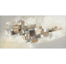 Pictură abstractă cu diverse texturi și inscripții