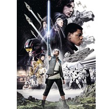 Afiș de film Star Wars cu personajele Rey, Luke Skywalker, Leia Organa, Finn, Kylo Ren, Chewbacca, C-3PO, R2-D2, BB-8, Stormtroopers și nave spațiale