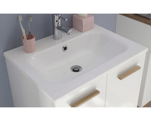 Dulap inferior de lavabo cu chiuvetă albă, baterie și spațiu de depozitare