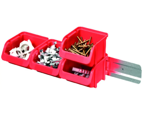 Set șină de perete cu 4 casete de organizare Hünersdorff 425x75x115 mm, roșu Sistem de organizare cu recipiente roșii și diverse materiale de fixare
