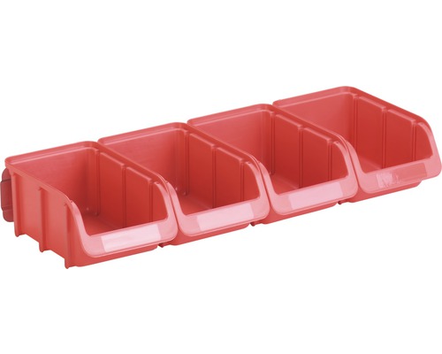 Set șină de perete cu 4 casete de organizare Hünersdorff 425x75x165 mm, roșu Patru cutii de depozitare roșii din plastic