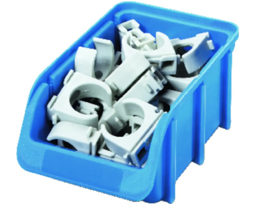 Cutie de depozitare albastră umplută cu cleme pentru țevi