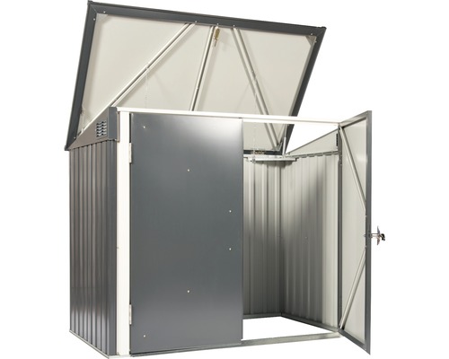 Șopron de grădină metalic deschis, cu ușă glisantă și acoperiș rabatabil