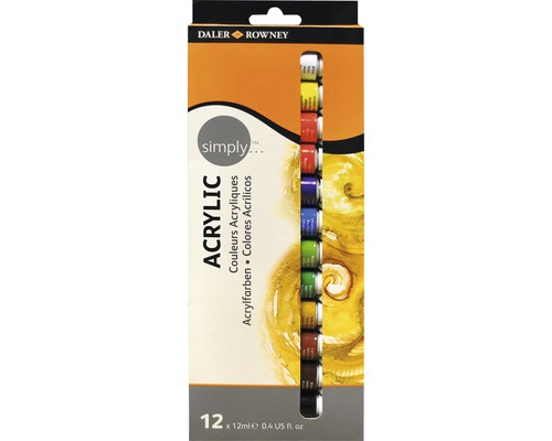 Set 12 culori acrilice Simply Acrylic 12x12 ml Daler Rowney Simply Vopsele acrilice, 12 tuburi a câte 12 ml