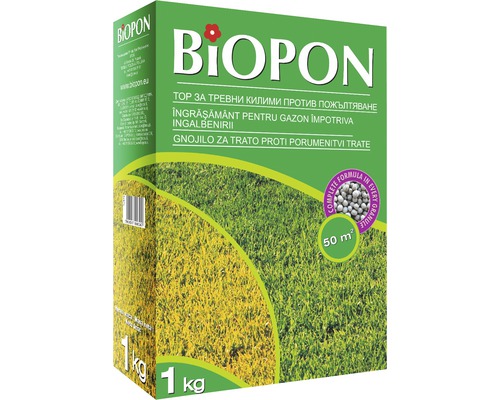 Îngrăsământ gazon împotriva îngălbenirii Biopon 1 kg 50 m² Pachet de îngrășământ pentru gazon împotriva îngălbenirii, conținut un kilogram pentru 50 de metri pătrați