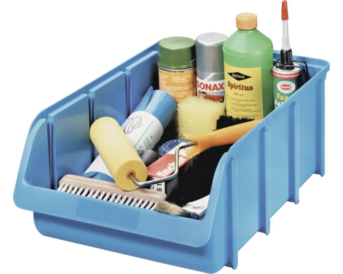 Cutie albastră de depozitare cu diverse scule și materiale