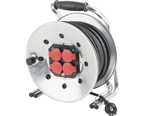 Prelungitor electric pe tambur metalic 4 prize 33m cablu cauciuc 3x2,5 mm², pentru exterior IP44