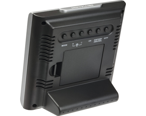 Spatele unei stații meteo cu butoane de control și compartiment pentru baterii